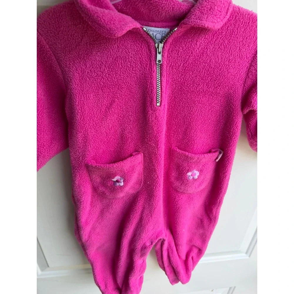 Vintage Childrens Place Tech Fleece Coverall Hot Pink Flower Zip Jumpsuit 12M